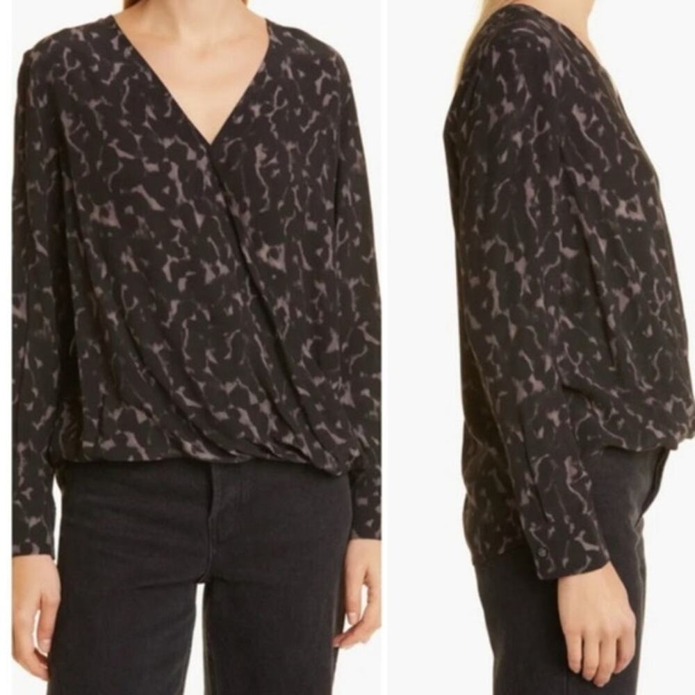 Rails Hilary Faux Wrap Top L Black Brown Abstract Print Blouse Casual Going out